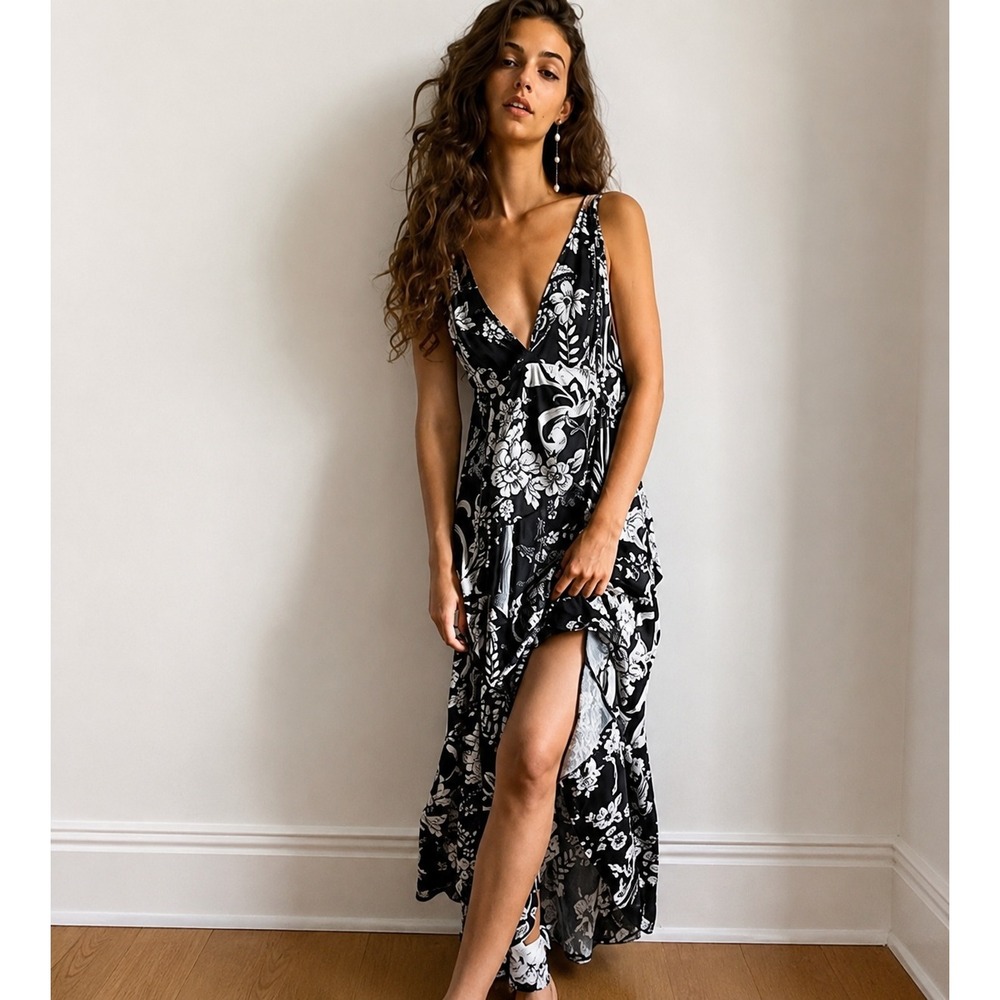 Free People Ashley Dress Black White Floral Maxi V-Neck‎ Ruffle Slit- US 4